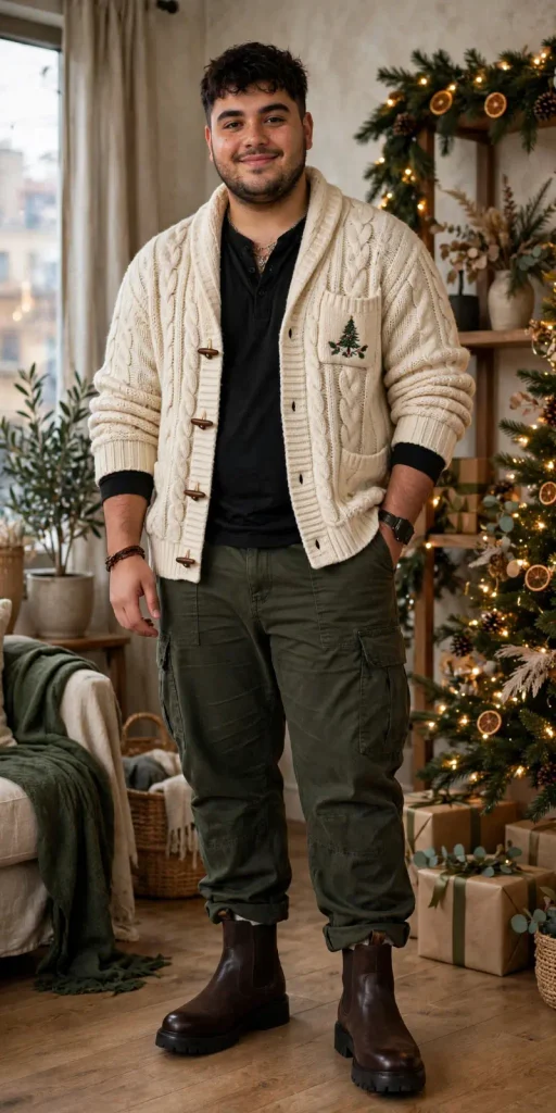 Cable-Knit Cardigan, Henley Shirt, Olive Cargo Pants, and Chelsea Boots