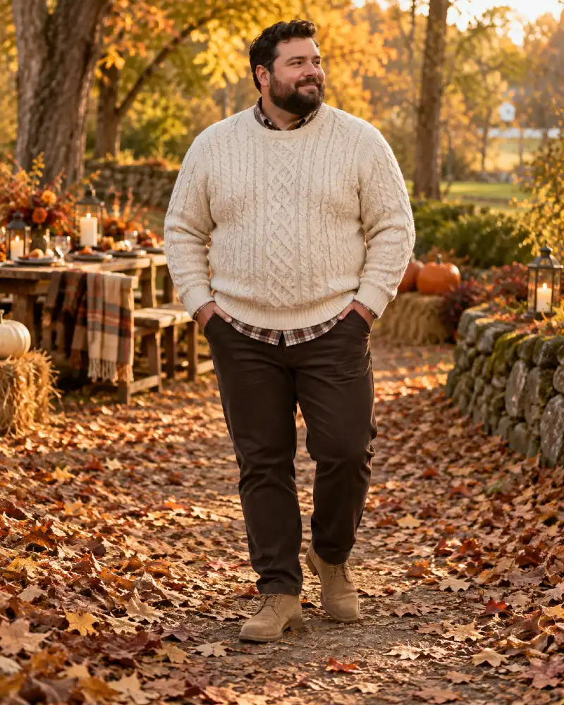 Cable-Knit Crew and Layered Plaid