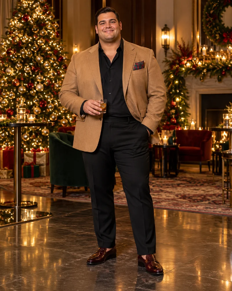 Camel Blazer With Black Dress Pants and Burgundy Loafers