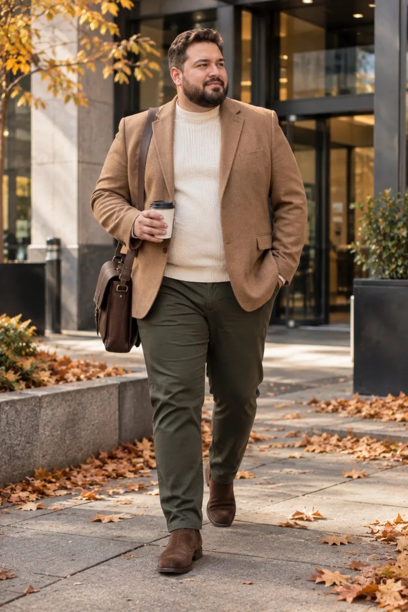 Camel Blazer With Cream Knit and Olive Trousers