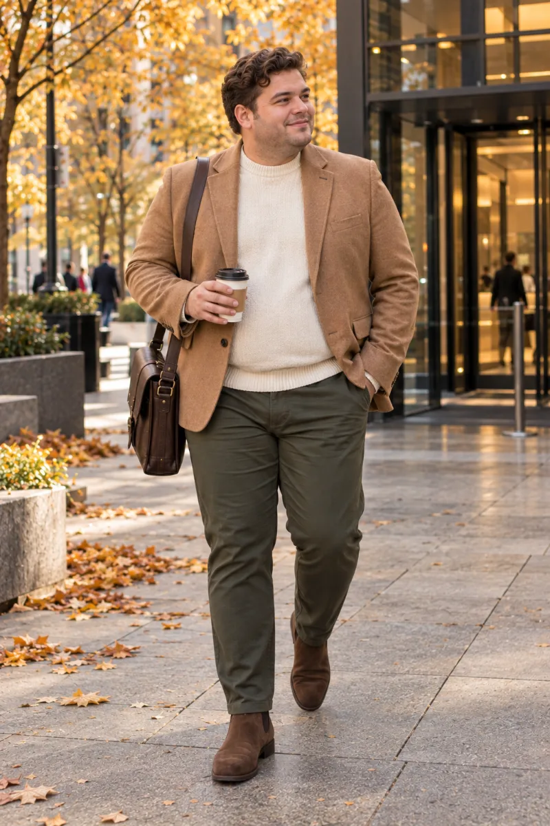 Camel Blazer With Cream Sweater and Olive Chinos