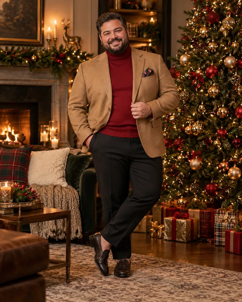 Camel Blazer With a Red Turtleneck and Black Trousers