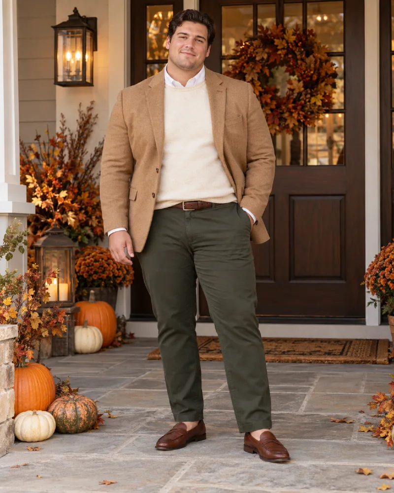 Camel Blazer and Olive Chinos