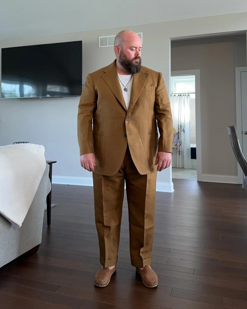 Camel Brown Suit, White Crew-Neck T-Shirt