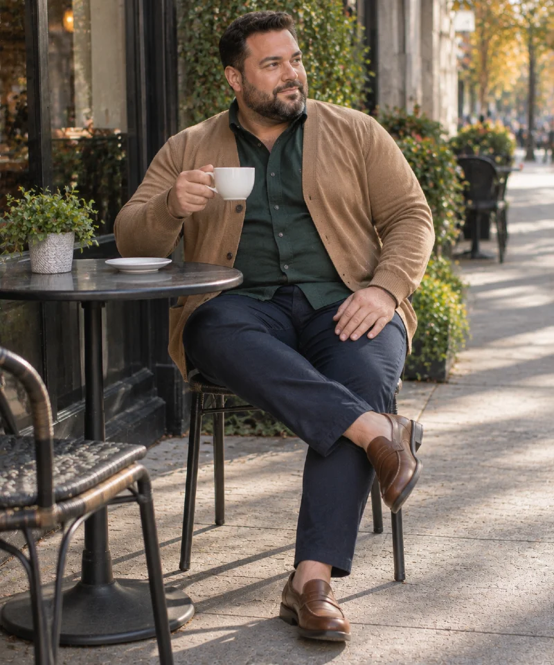 Camel Cardigan with Dark Green Shirt, Navy Pants