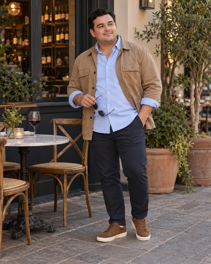 Camel Chore Coat and Light Blue Button Down