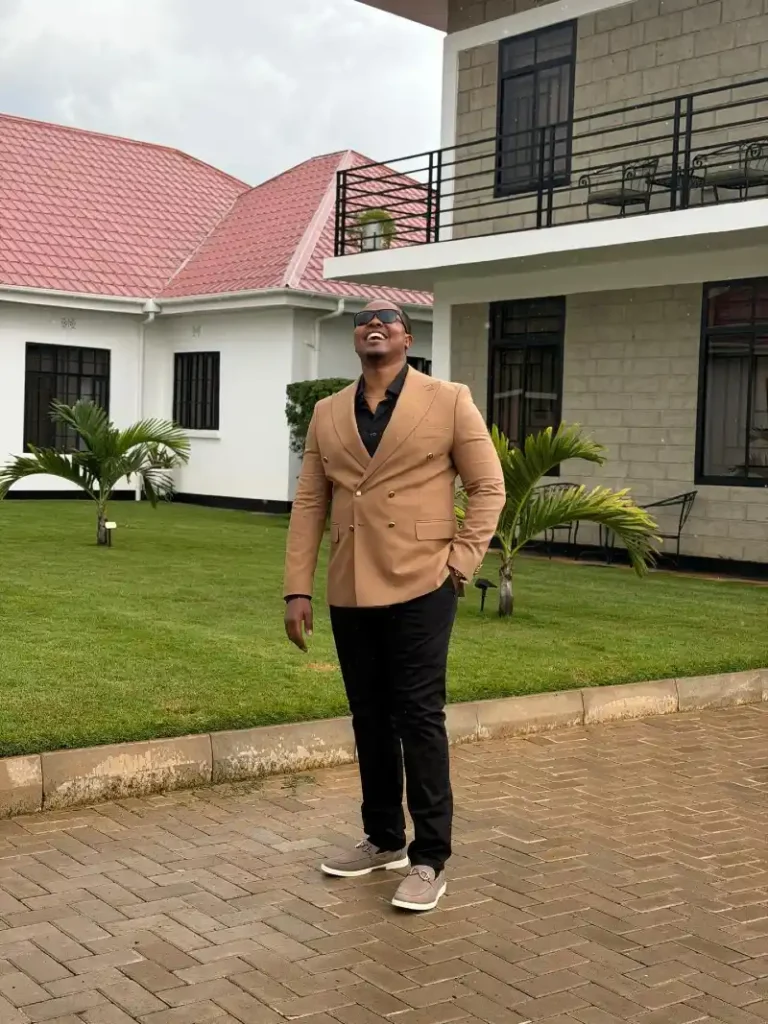 Camel Double-Breasted Blazer, Black Shirt, and Trousers