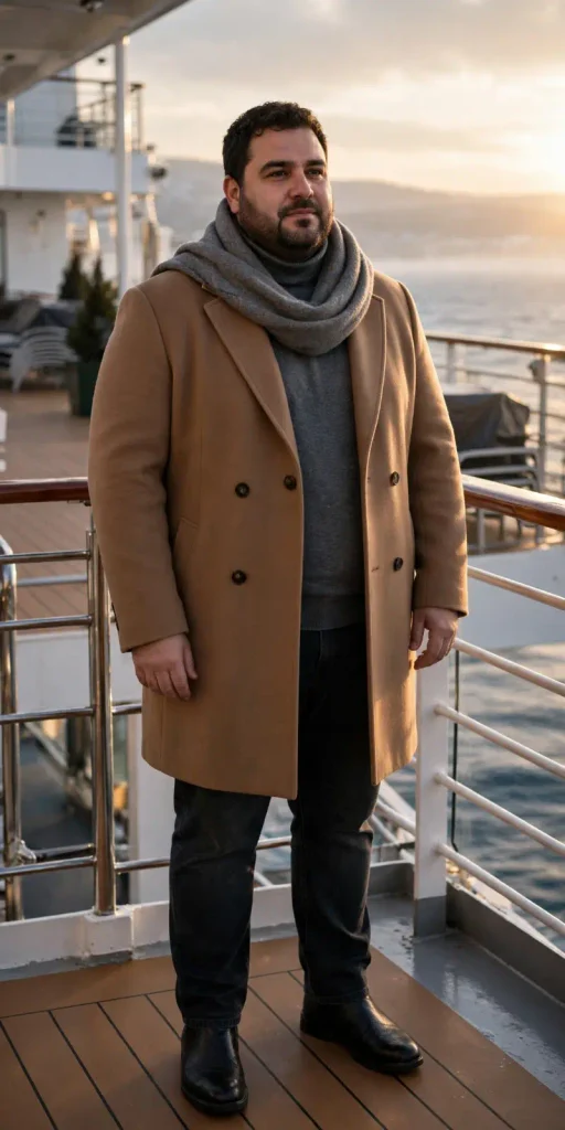 Camel Double Breasted Coat and Plush Grey Scarf
