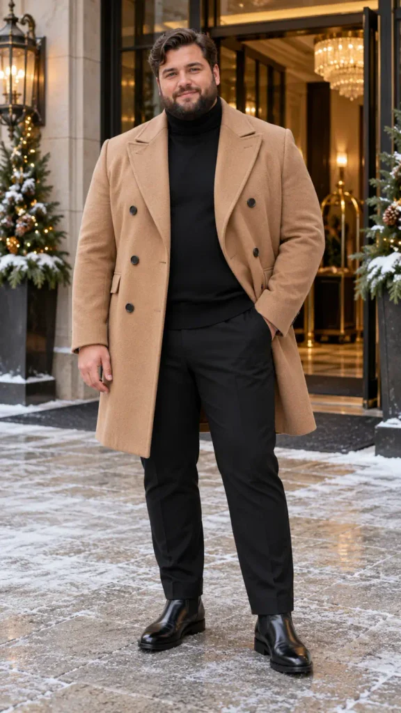 Camel Double Breasted Coats and Black Monochromatic Bases