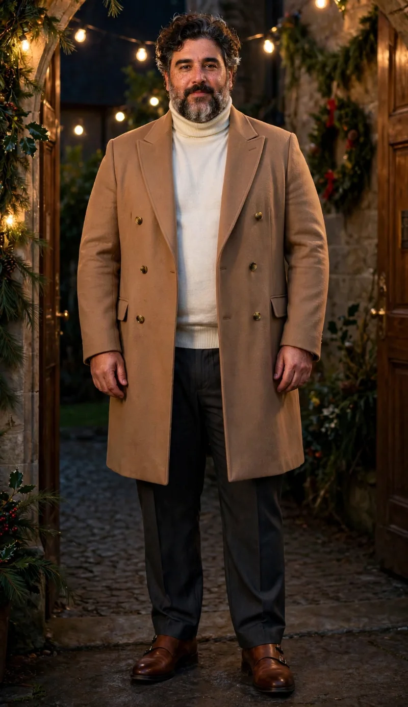 Camel Double-Breasted Overcoat with Off-White Turtleneck Sweater, Charcoal Trousers, and Brown Monk Strap Shoes