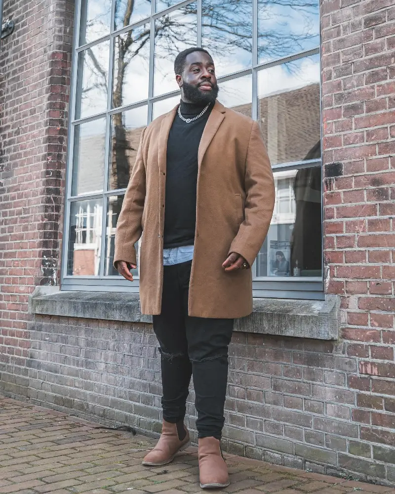 Camel Overcoat, Black Turtleneck, Black Jeans