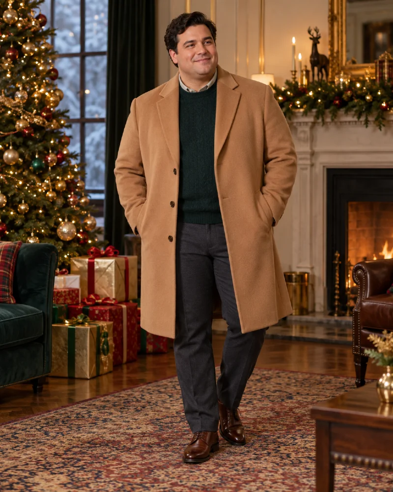 Camel Overcoat, Dark Green Sweater, Charcoal Trousers