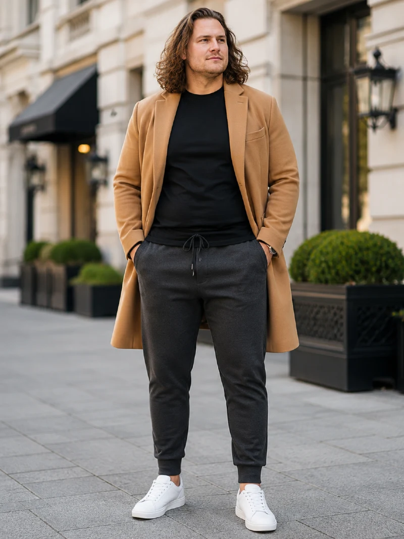 Camel Overcoat, Dark Sweatpants, and White Sneakers