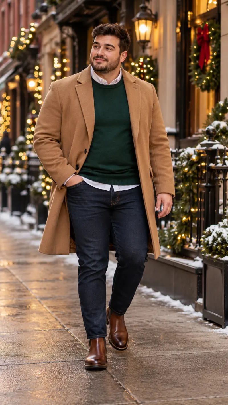 Camel Overcoat, Forest Green Crewneck Sweater, White Collared Shirt, Dark Jeans, and Chelsea Boots