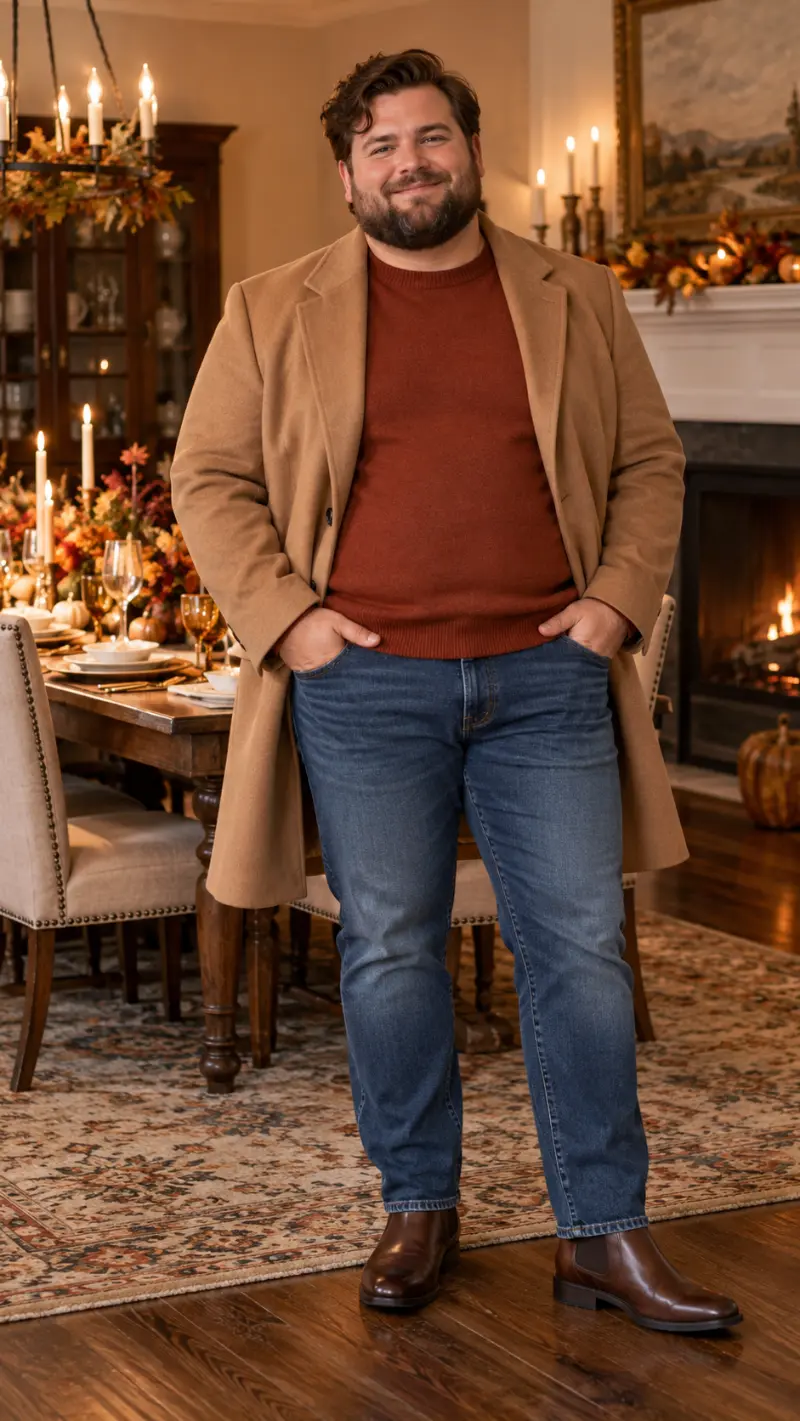Camel Overcoat, Rust Crewneck Sweater, Medium Wash Jeans, and Brown Leather Chelsea Boots