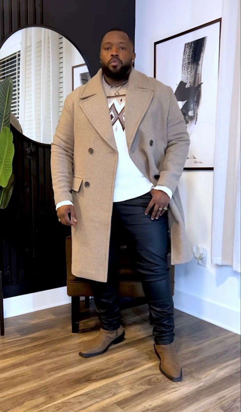  Camel Overcoat With Black Pants and Tan Boots