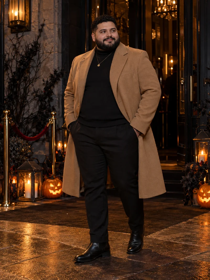 Camel Overcoat With Black Turtleneck and Trousers
