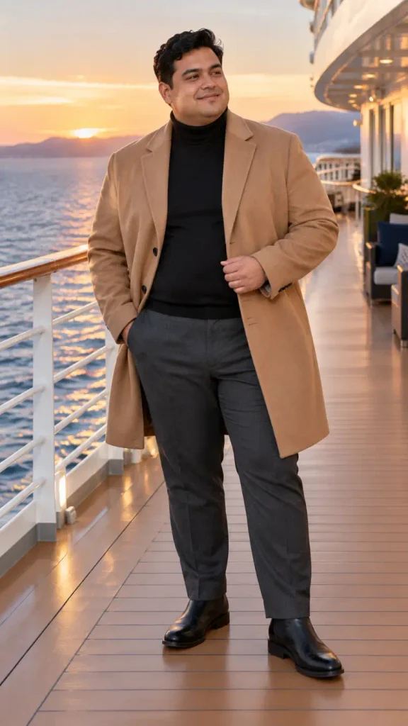 Camel Overcoat and Black Turtleneck Contrast