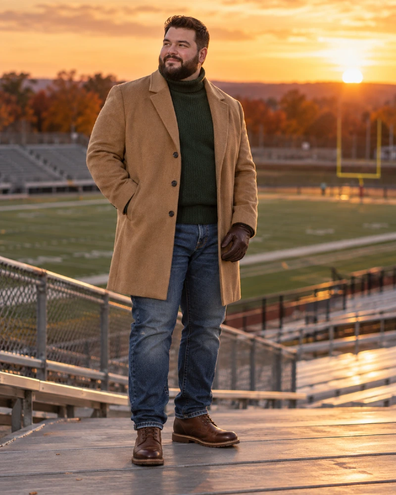 Camel Overcoat and Green Turtleneck for a Stylish Football Game Look