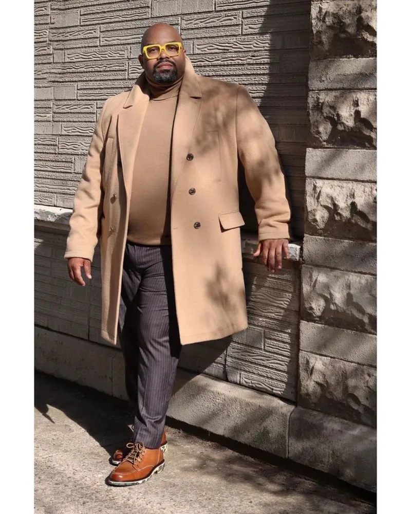 Camel Overcoat and Turtleneck with Pinstriped