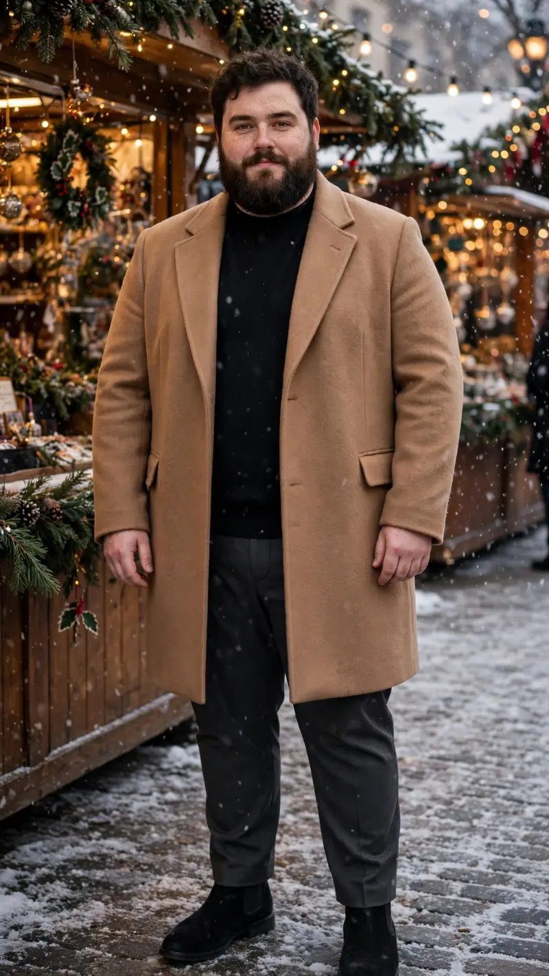 Camel Overcoat with Black Crew Neck Sweater and Charcoal Trousers