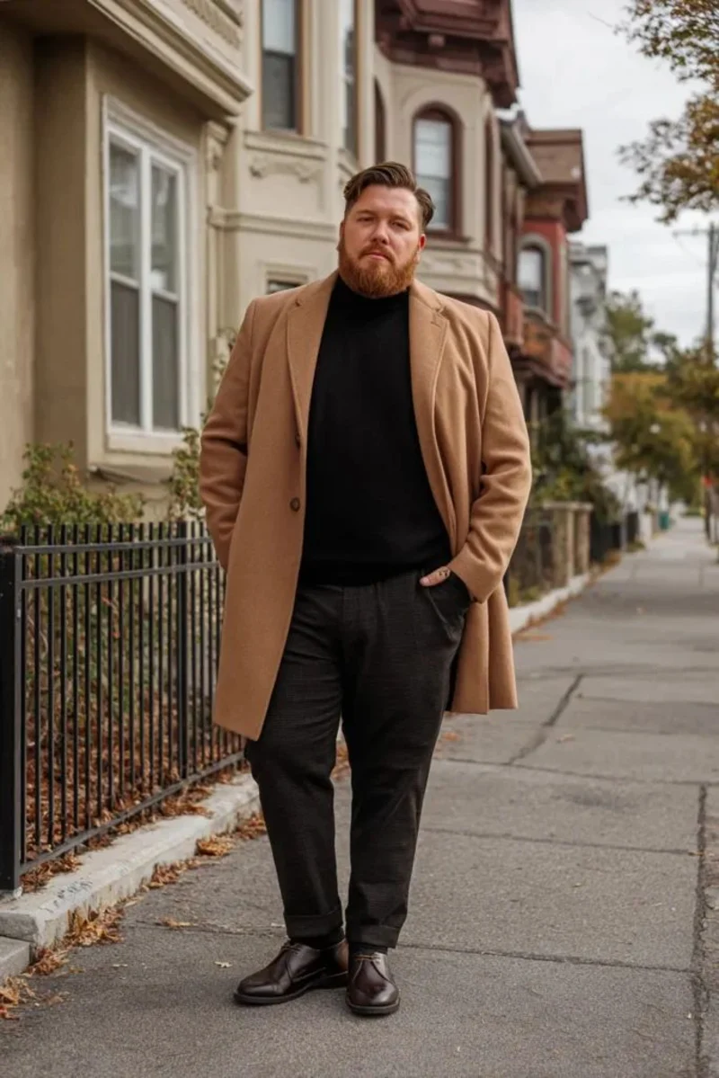 Camel Overcoat with Black Turtleneck Sweater and Charcoal Trousers