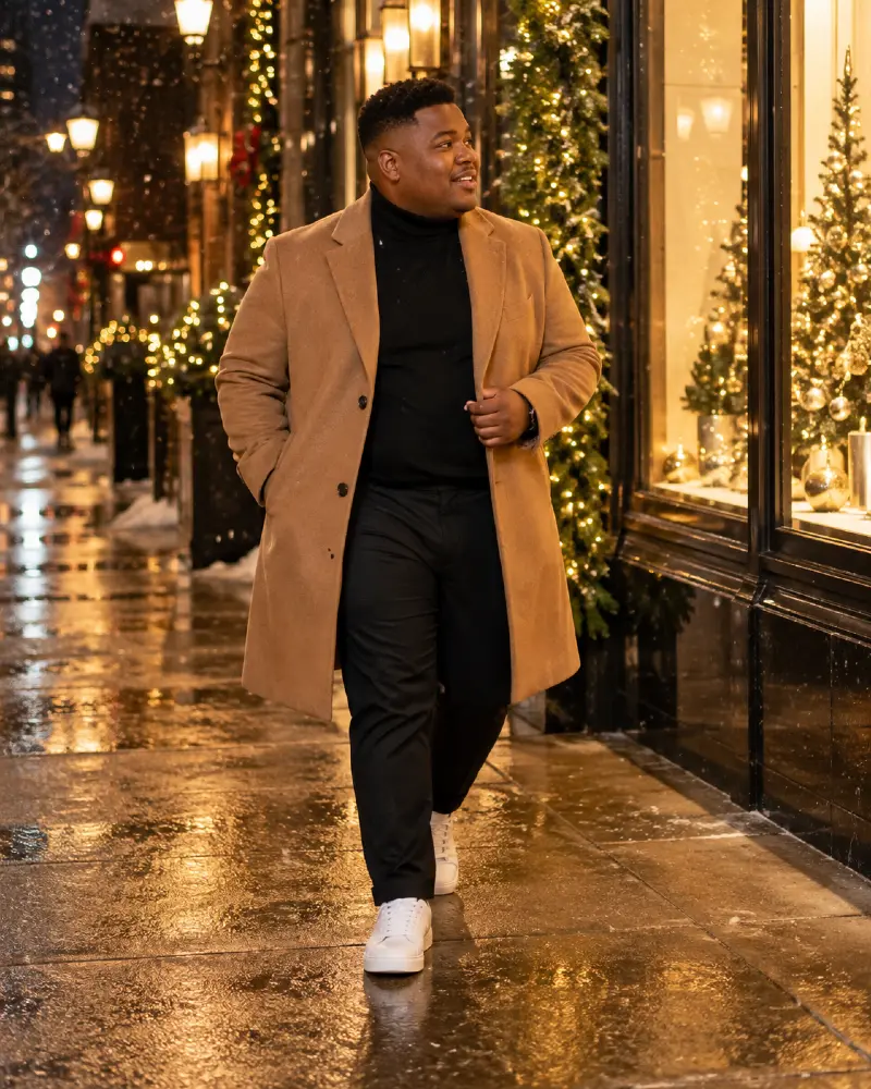 Camel Overcoat with Black Turtleneck, Trousers, and White Sneakers