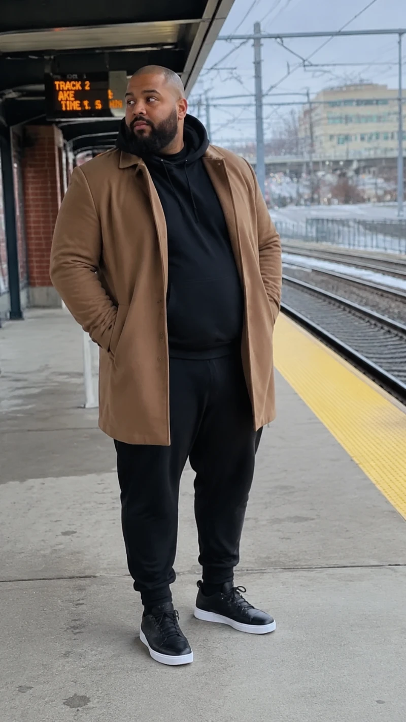 Camel Overcoat with Monochrome Sweats