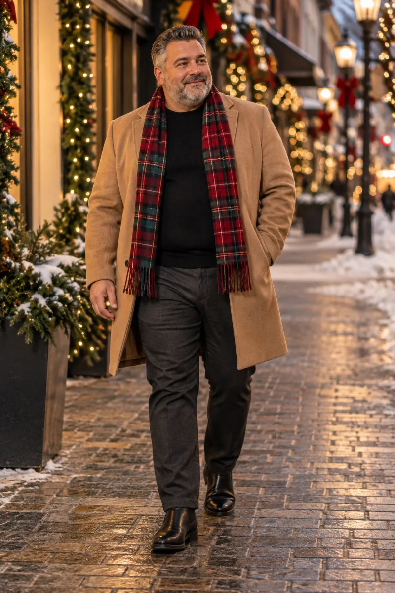 Camel Overcoat with Plaid Scarf and Charcoal Trousers