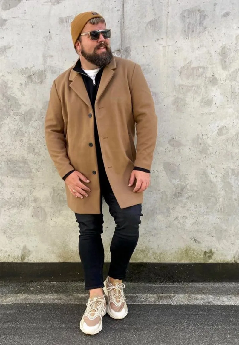 Camel Overcoat with Quarter-Zip Sweatshirt, Black Jeans, and Chunky Sneakers