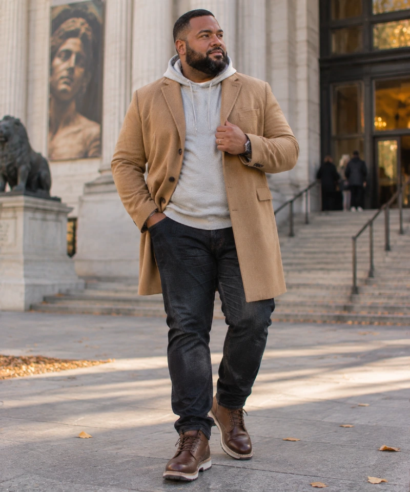 Camel Overcoat with White Hoodie, Black Jeans, and Brown Boots