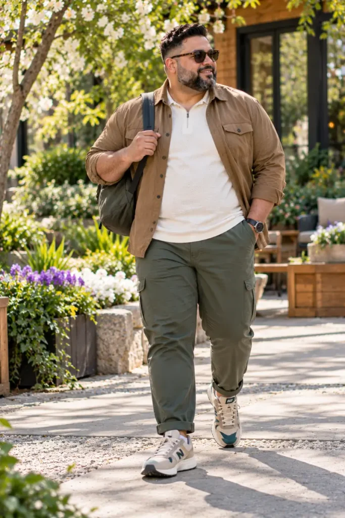 Camel Overshirt With Olive Cargos And Retro Sneakers