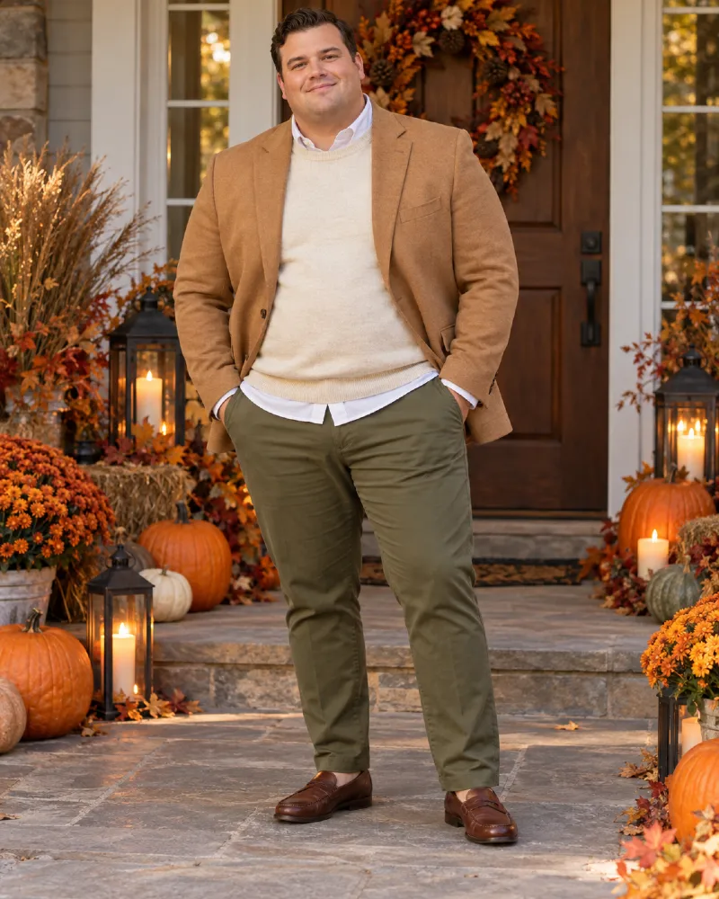 Camel Sport Coat and Layered Cream Knit
