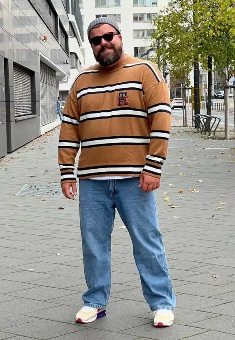 Camel Striped Sweater With Light Wash Jeans