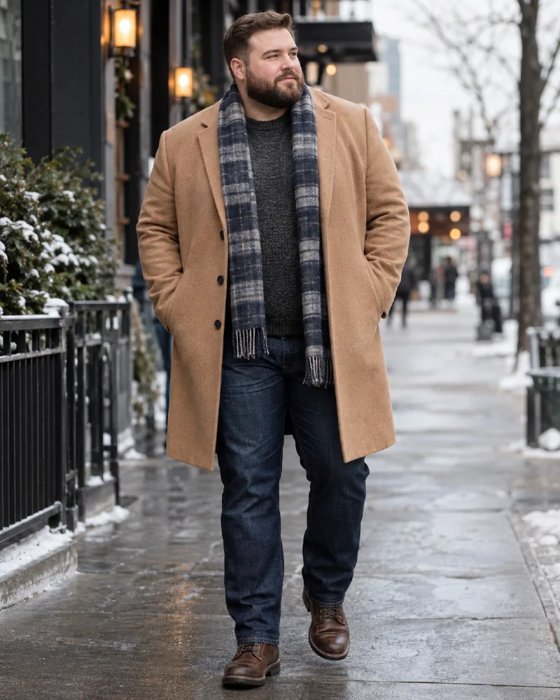 Camel Topcoat With Charcoal Knit Layer
