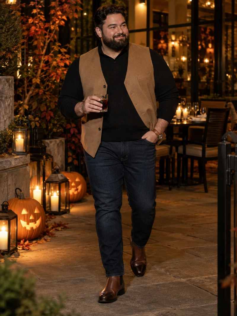 Camel Vest With Black Sweater and Dark Denim