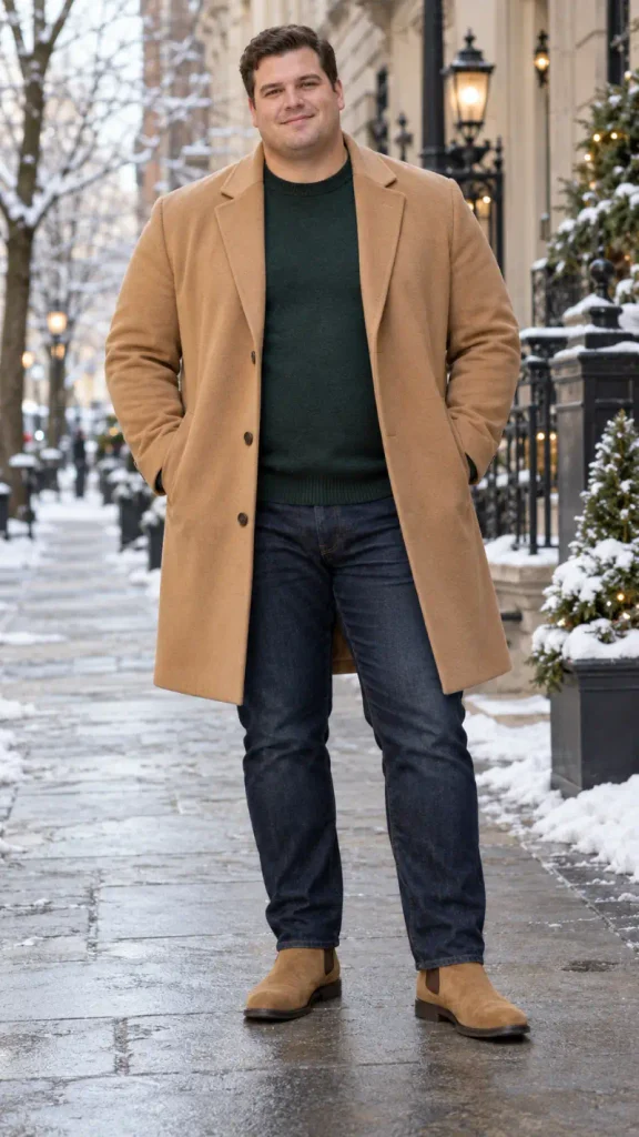 Camel Wool Overcoat and Green Knit