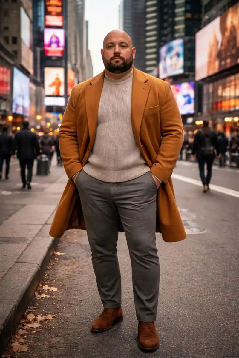 Camel Wool Overcoat and Mock Neck Sweater