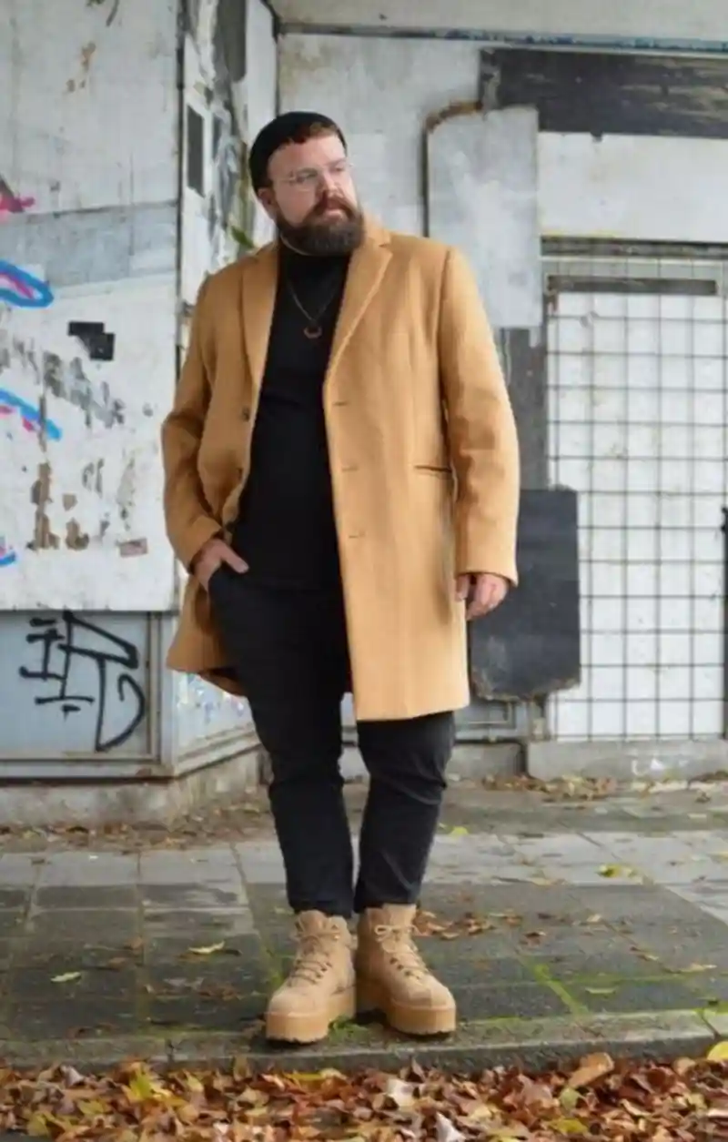 Camel Overcoat, Black Turtleneck, Black Chinos, and Tan Platform Boots