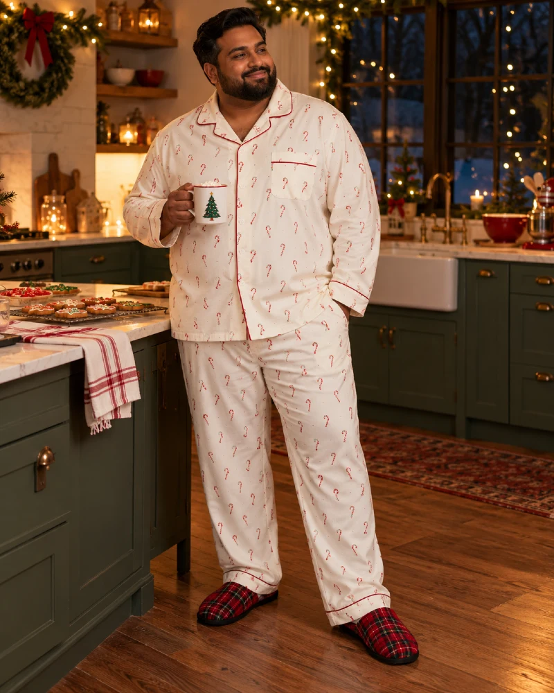 Candy Cane Pajama Set With a Roomy Button-Front Cut