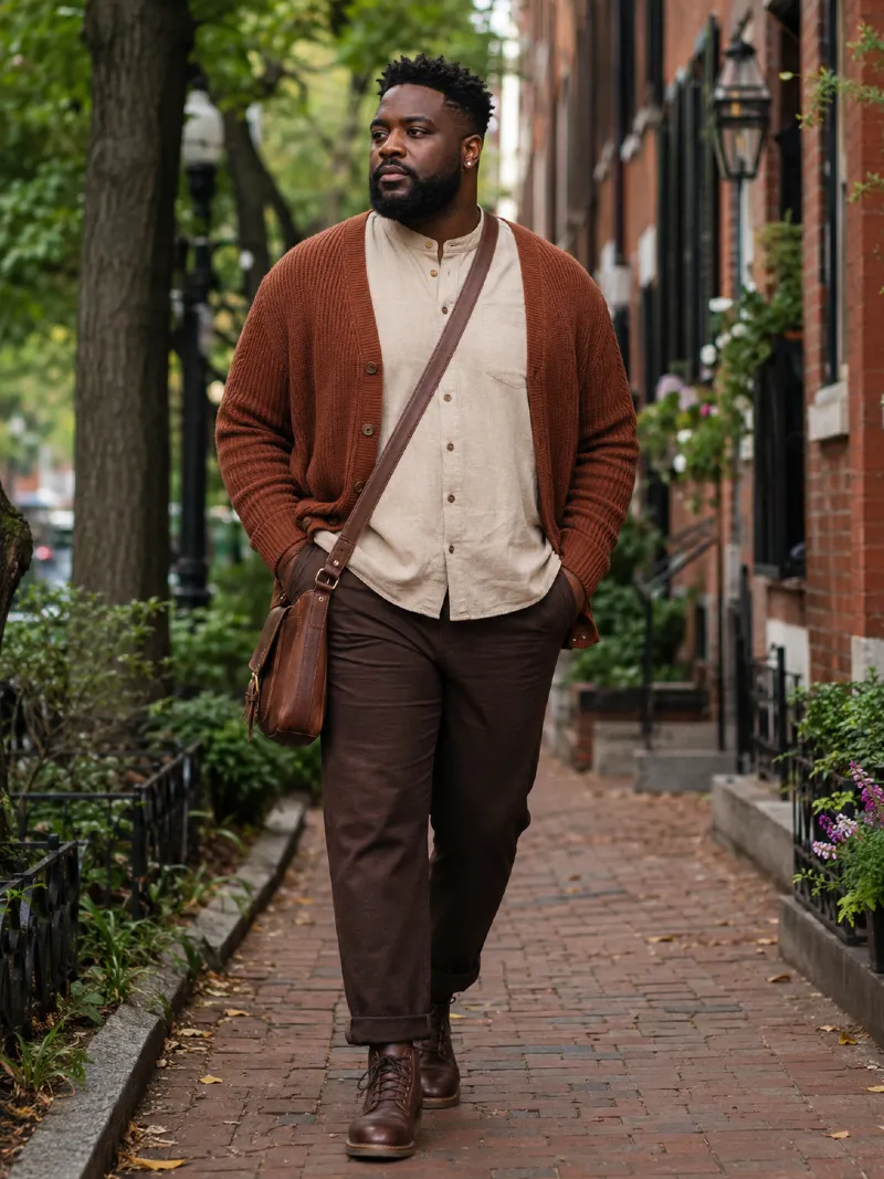 Cardigan, Shirt, and Trousers Outfit
