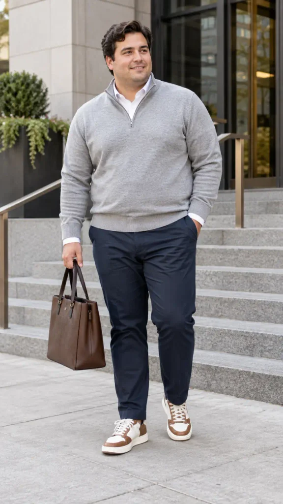 Casual Grey Knits and Classic Navy Trousers