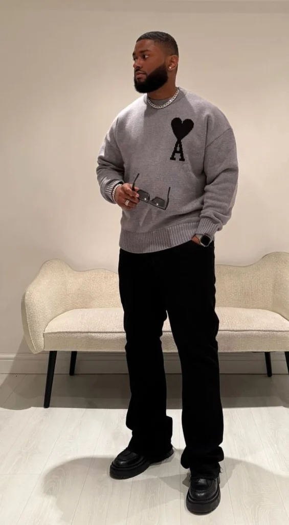 Casual Heart Sweater and Dark Trousers