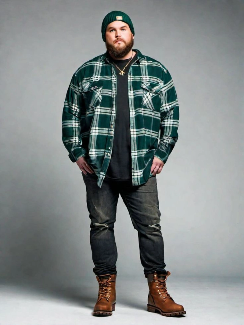 Oversized Green Plaid Flannel with Beanie and Work Boots