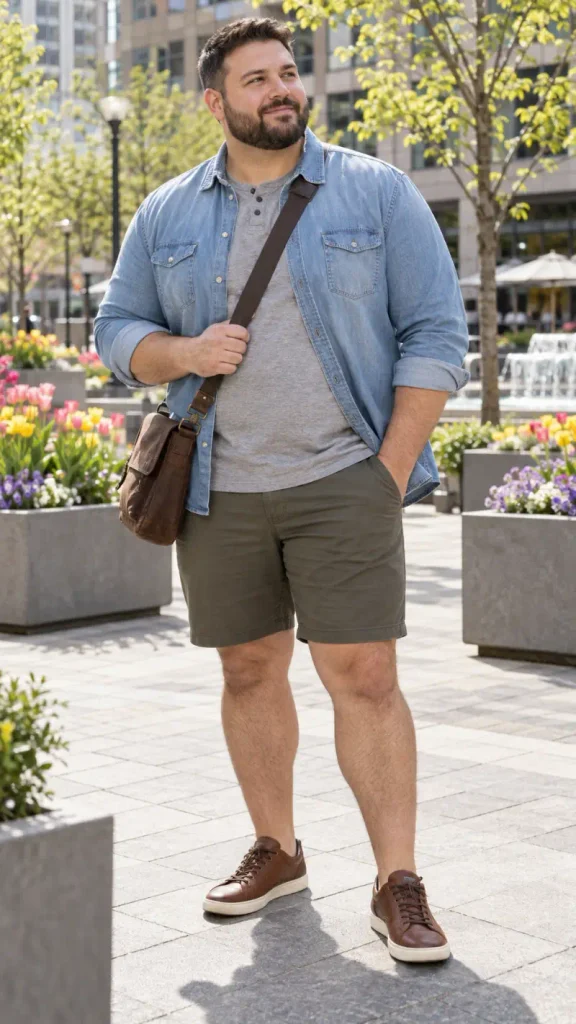 Chambray Over shirt and Olive Chino Shorts