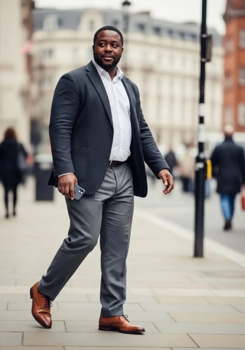 Charcoal Blazer With Gray Trousers and Brown Dress Shoes