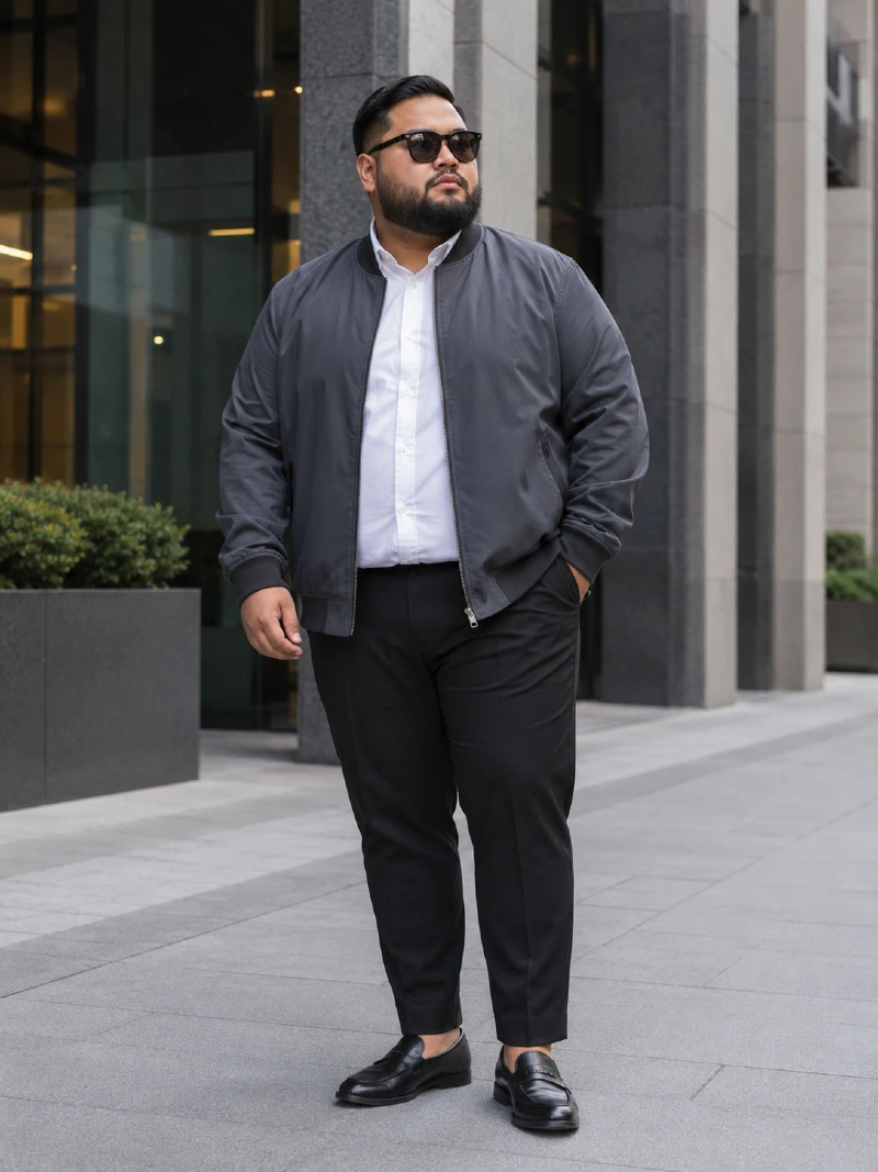 Charcoal Bomber Jacket, White Button-Down Shirt, and Black Trousers