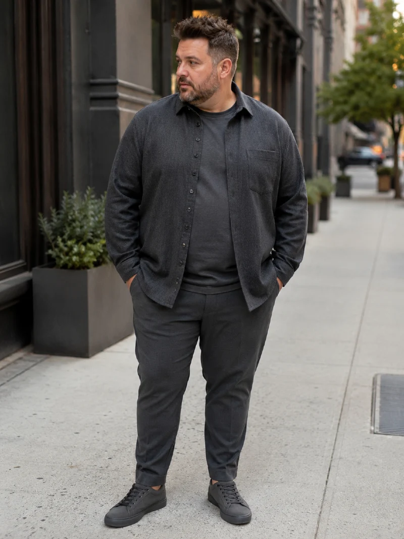 Charcoal Button-Down Shirt, T-Shirt, and Trousers