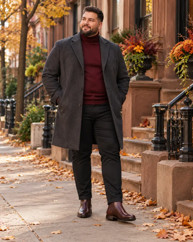 Charcoal City Overcoat and Burgundy Turtleneck