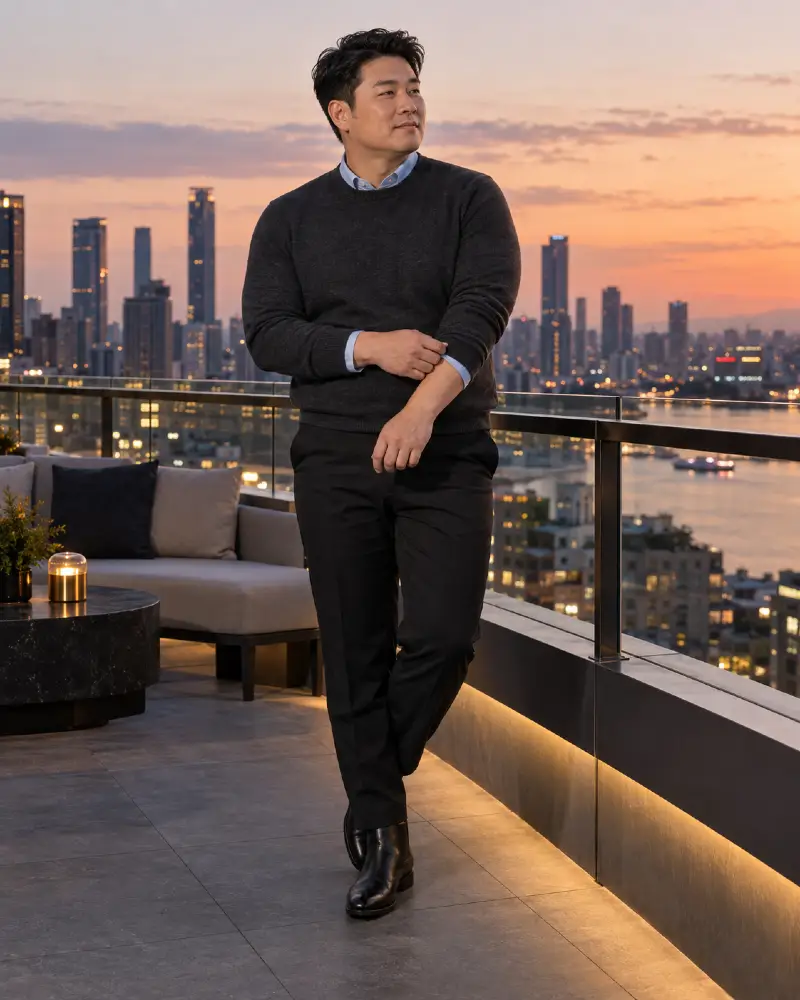 Charcoal Crewneck and Sleek Chelsea Boots